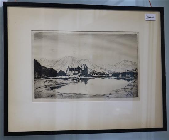 James P Power, Old Mill, Zaandyke, drypoint and Kenneth Steel, Kilchurn Castle, Loch Awe, drypoint